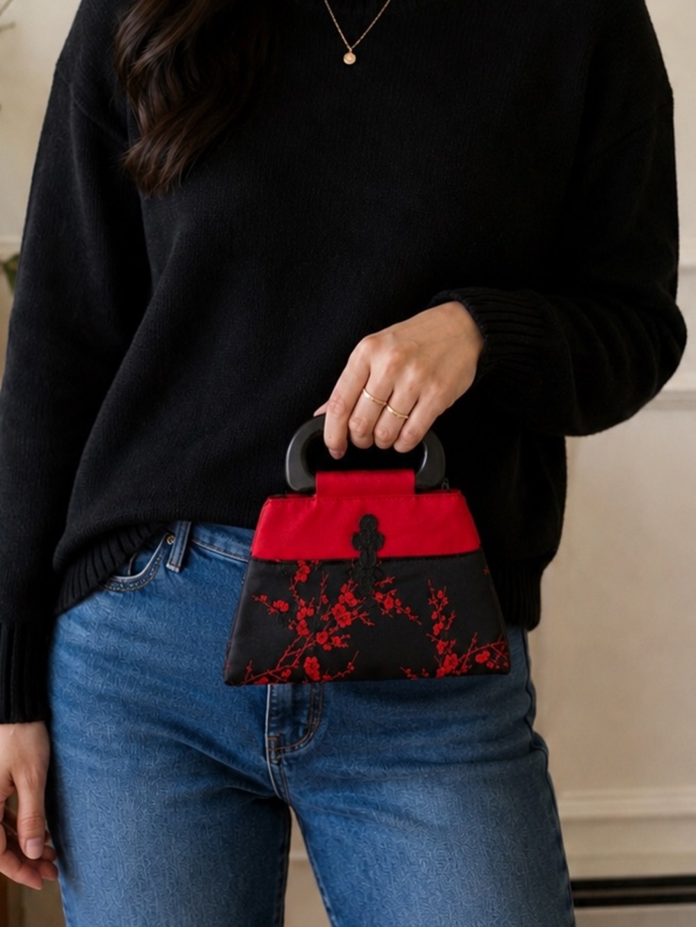Red & Black Faux Satin Cherry Blossom small Bag with Black Plastic Handles